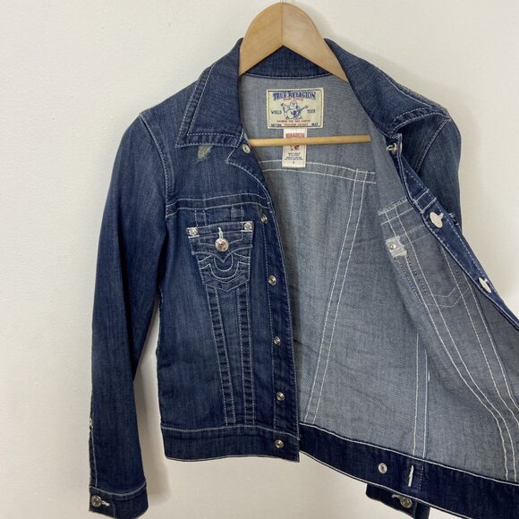 TRUE RELIGION Denim Trucker Jacket Blue Denim Jean Snap Button Small Woman Logo - Picture 6 of 8